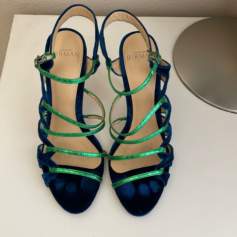 Alexandre Birman Green Blue Velvet & Snakeskin Nolita Buccata Sandals Size 36.5